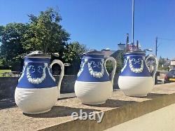 Graduated Set Of Cobalt Jasperware Ribbed Lion Pewter Water Jugs Dudson Wedgwood