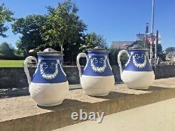 Graduated Set Of Cobalt Jasperware Ribbed Lion Pewter Water Jugs Dudson Wedgwood