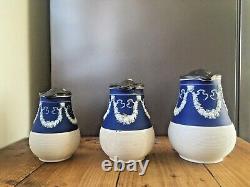 Graduated Set Of Cobalt Jasperware Ribbed Lion Pewter Water Jugs Dudson Wedgwood