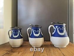 Graduated Set Of Cobalt Jasperware Ribbed Lion Pewter Water Jugs Dudson Wedgwood