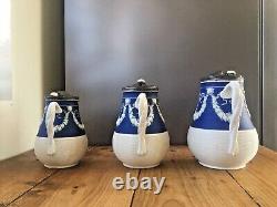 Graduated Set Of Cobalt Jasperware Ribbed Lion Pewter Water Jugs Dudson Wedgwood