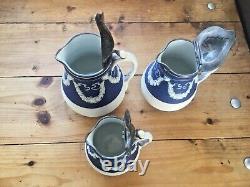 Graduated Set Of Cobalt Jasperware Ribbed Lion Pewter Water Jugs Dudson Wedgwood