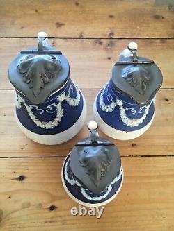 Graduated Set Of Cobalt Jasperware Ribbed Lion Pewter Water Jugs Dudson Wedgwood