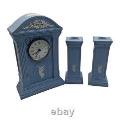 Handcrafted Wedgwood Blue Jasperware Millennium AD 2000 Clock & Candlesticks Set