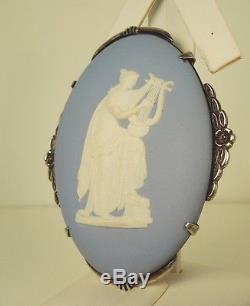 Huge Vintage Wedgwood Sterling Silver Blue Jasperware Cameo Pin Brooch- Gift Box