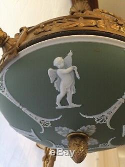 Jasperware Wedgwood Green & Gilt Dore Bronze Neoclassical 3 Light Chandelier