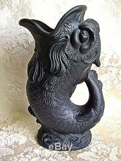 Large Rare Wedgwood Black Jasper Ware Gurgle Fish Dolphin Vase
