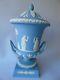 Large Wedgwood White On Pale Blue Jasperware Campana Urn Vase & Cover 12