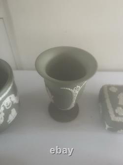 Lot of Wedgwood Green Jasperware Trinket Box, Vases, Heart Dish, Round Dish