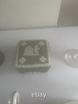 Lot of Wedgwood Green Jasperware Trinket Box, Vases, Heart Dish, Round Dish