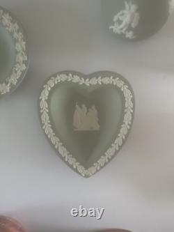 Lot of Wedgwood Green Jasperware Trinket Box, Vases, Heart Dish, Round Dish