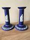 Lovely Early Wedgwood Jasperware Pair Of Candlesticks Classical Figures