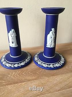 Lovely Early Wedgwood Jasperware Pair of Candlesticks Classical Figures