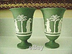 Lovely Large Pair Of Wedgwood Sage Green Jasper Ware 7 3/4 Pedestal Vases