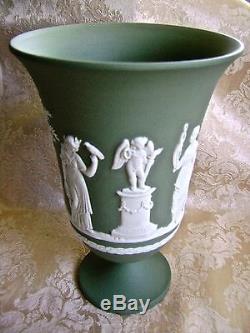 Lovely Large Pair Of Wedgwood Sage Green Jasper Ware 7 3/4 Pedestal Vases