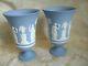 Lovely Large Pair Of Wedgwood White On Blue Jasper Ware 7 1/2 Pedestal Vases