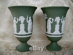 Lovely Pair Of Large Wedgwood Sage Green Jasper Ware 7 1/2 Pedestal Vases