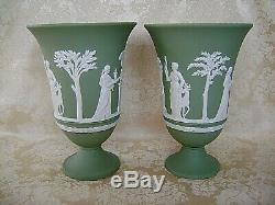 Lovely Pair Of Large Wedgwood Sage Green Jasper Ware 7 1/2 Pedestal Vases