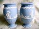 Lovely Pair Of Wedgwood Blue Jasper Ware Bountiful 8 Pedestal Vases Mint