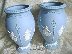 Lovely Pair Of Wedgwood Blue Jasper Ware Dancing Hours 8 Pedestal Vases Mint