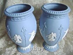 Lovely Pair Of Wedgwood Blue Jasper Ware Dancing Hours 8 Pedestal Vases Mint