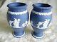 Lovely Pair Of Wedgwood Portland Blue Jasperware 8 Bountiful Pedestal Vases