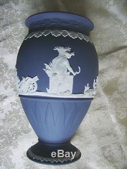 Lovely Pair Of Wedgwood Portland Blue Jasperware 8 Bountiful Pedestal Vases