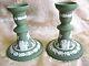 Lovely Pair Of Wedgwood Sage Green Jasperware 5 Candlesticks In Mint Condition