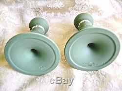 Lovely Pair Of Wedgwood Sage Green Jasperware 5 Candlesticks In Mint Condition