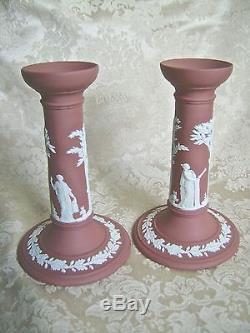 Lovely Pair Of Wedgwood Terra Cotta Jasperware 6 3/4 Candlesticks
