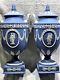 Match Pair (2) Wedgwood Blue Jasperware Pedestal #174 Urn Withlid 11.50h Mint