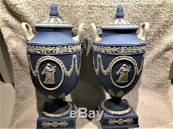 MATCH PAIR (2) Wedgwood Blue Jasperware Pedestal #174 Urn WithLid 11.50H MINT