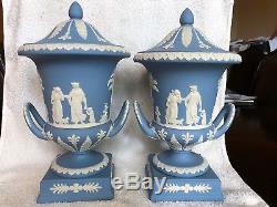 Match Pair Wedgwood Blue Jasperware Pedestal Campana Urns Mint Conditon