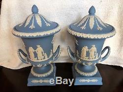Match Pair Wedgwood Blue Jasperware Pedestal Campana Urns Mint Conditon