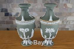 Matching Pair Wedgwood Green Jasperware 9 1/2 Tall Muses Trophy Vases c. 1900
