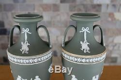 Matching Pair Wedgwood Green Jasperware 9 1/2 Tall Muses Trophy Vases c. 1900