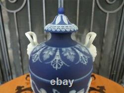 Miniature Wedgwood Blue Jasperware Dancing Hours Bacchus Heads Urn Vase c. 1880