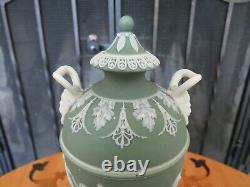 Miniature Wedgwood Green Jasperware Dancing Hours Bacchus Heads Urn Vase c. 1867