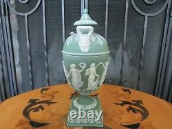 Miniature Wedgwood Green Jasperware Dancing Hours Bacchus Heads Urn Vase c. 1867