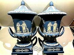 PAIR (2) Wedgwood Blue Jasperware 11.75 Urn Vase Sacrifice Figures New