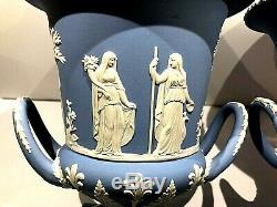 PAIR (2) Wedgwood Blue Jasperware 11.75 Urn Vase Sacrifice Figures New