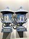 Pair(2) Wedgwood Campana Blue Jasperware Pedestal Urns With Lids 12 Mint