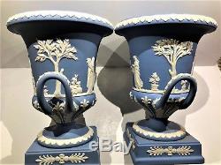 PAIR(2) Wedgwood Campana Blue Jasperware Pedestal Urns With Lids 12 Mint