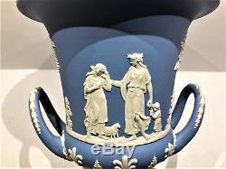 PAIR(2) Wedgwood Campana Blue Jasperware Pedestal Urns With Lids 12 Mint