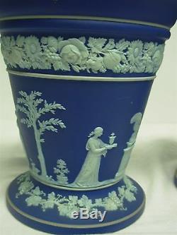 PAIR ANTQ WEDGWOOD MADE ENGLAND DARK BLUE JASPERWARE JARDINIERES w FLOWER FROGS