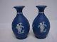 Pair Of Antique Wedgwood England Dark Blue Jasperware 5 Bud Vases With Cherubs