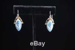 Pair 18K Yellow Gold & Blue Wedgwood Jasperware Earrings
