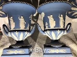 Pair(2) Wedgwood Blue Jasperware Pedestal 11.5 Urn Offering To Peace Mint