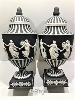 Pair(2) -wedgwood Jasperware Black Dancing Hours/engine Turning Pedestal Vases