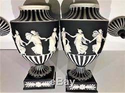 Pair(2) -wedgwood Jasperware Black Dancing Hours/engine Turning Pedestal Vases
